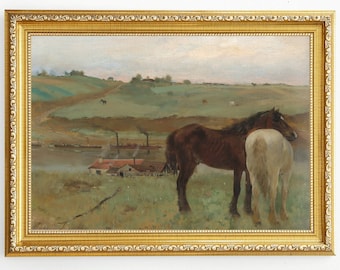 Vintage horse oil painting, Downloadable antique horse art print, Farmhouse wall decor