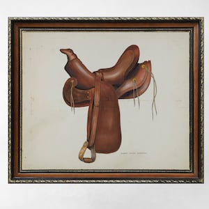 Vintage saddle painting digital download, Printable antique horse art, Farmhouse wall decor