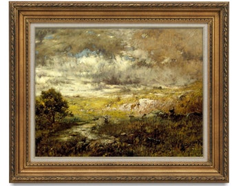 Vintage moody landscape giclee art print, antique nature landscape oil painting, home decor wall art