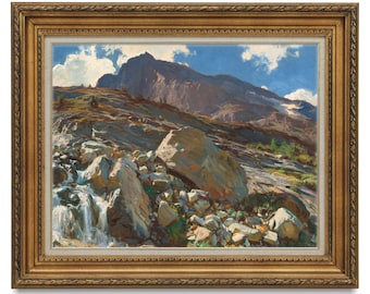 May include: A painting depicting a rocky mountain landscape with a waterfall cascading down the side of a mountain. The sky is blue with white clouds and the mountain is a dark brown color.