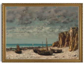 Vintage Seascape Painting: Antique Boats on Beach (Digital Download)