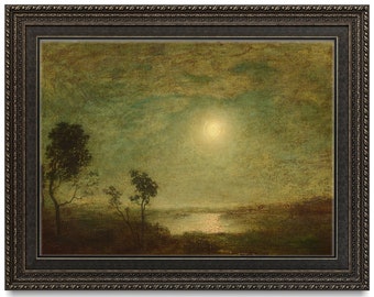 Moody landscape painting, Moonlight landscape wall art, Vintage landscape print