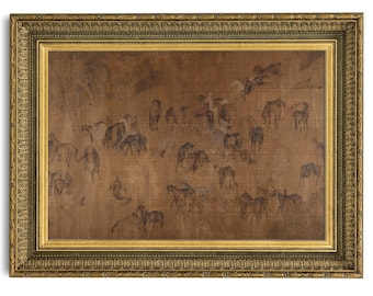 May include: An antique-style framed artwork featuring a sepia-toned painting of horses grazing in a field. The artwork has a detailed gold-colored frame with ornate carvings, adding a classic touch to the piece.
