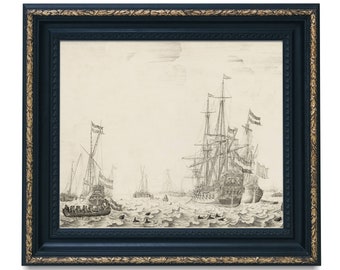 Boceto de paisaje marino en blanco y negro descargable, impresión vintage imprimible del océano, pintura digital de un barco antiguo