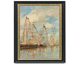 Cuadro de barco antiguo con banderas: Impresión artística de paisaje marino (descarga digital)
