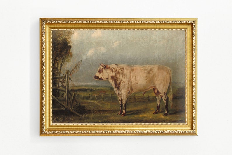 Antique Cow Painting, Vintage Cow Print, Farmhouse Wall Decor, Kitchen Vintage Art, Landscape Cow Oil Painting image 1