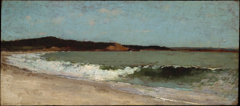 Puede incluir: Una pintura de un paisaje mar&iacute;timo con una playa de arena en primer plano, una l&iacute;nea de olas espumosas rompiendo en la orilla y una costa distante con una colina boscosa en el fondo. El cielo es de un azul claro con algunas nubes tenues.