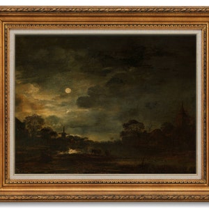 Moody night sky vintage landscape painting, Dark antique oil painting, Printable digital download art