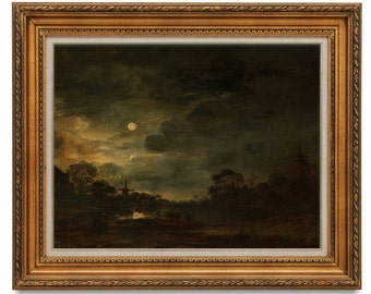 Dipinto di paesaggio vintage con cielo notturno malinconico, dipinto a olio antico scuro, arte digitale stampabile e scaricabile