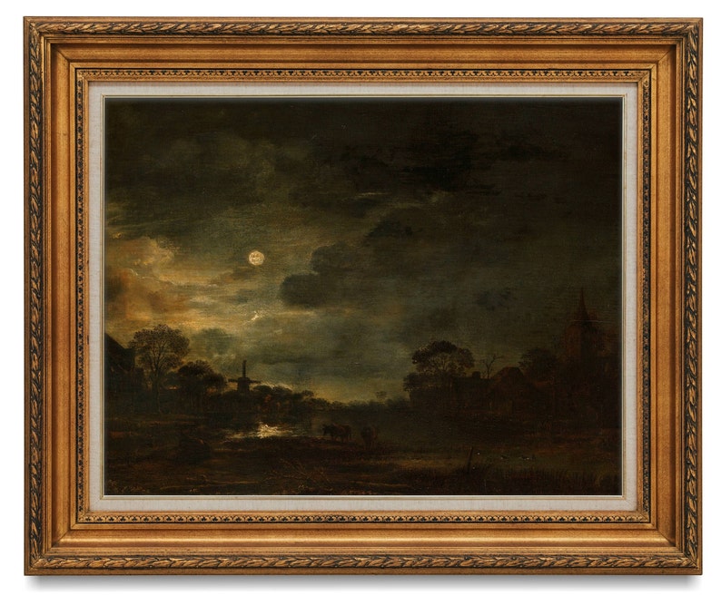 Moody night sky vintage landscape painting, Dark antique oil painting, Printable digital download art image 1