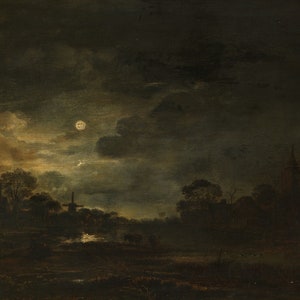 Moody night sky vintage landscape painting, Dark antique oil painting, Printable digital download art image 2
