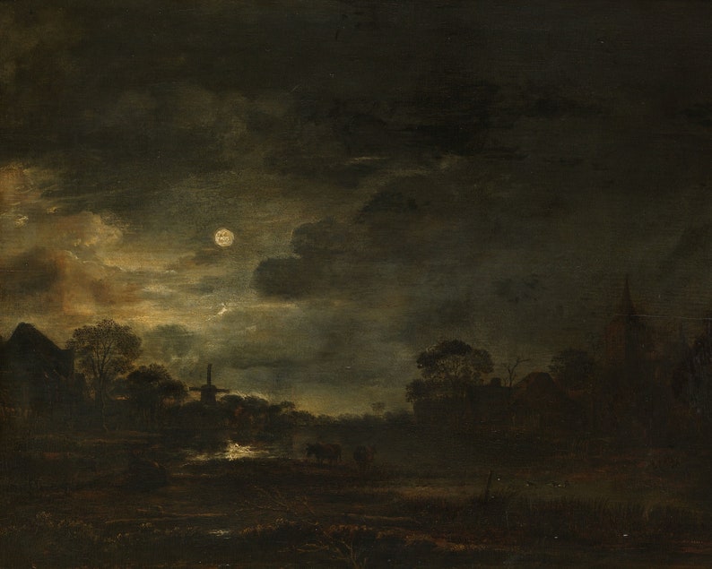 Moody night sky vintage landscape painting, Dark antique oil painting, Printable digital download art image 2