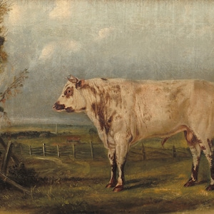 Antique Cow Painting, Vintage Cow Print, Farmhouse Wall Decor, Kitchen Vintage Art, Landscape Cow Oil Painting image 2