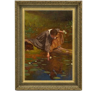 Peinture vintage femme à l&#39;étang : impression d&#39;art Moody Lily Pond (téléchargement numérique)