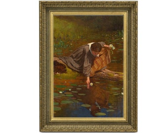 Woman at Pond Portrait Painting, Vintage Antique Painting, Moody Oil Painting, Vintage Wall Art Print, Woman Art Print, Printable Art