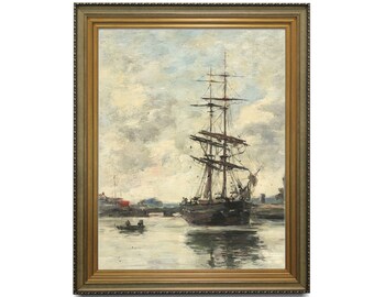 Digital vintage sailboat print, Seascape painting download, Printable antique ocean painting