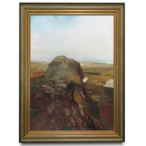 Vintage landscape oil painting, Printable art digital download, Moody neutral landscape art print
