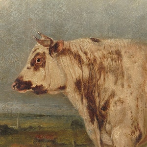 Antique Cow Painting, Vintage Cow Print, Farmhouse Wall Decor, Kitchen Vintage Art, Landscape Cow Oil Painting image 3