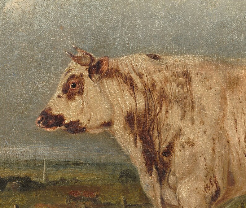 Antique Cow Painting, Vintage Cow Print, Farmhouse Wall Decor, Kitchen Vintage Art, Landscape Cow Oil Painting image 3