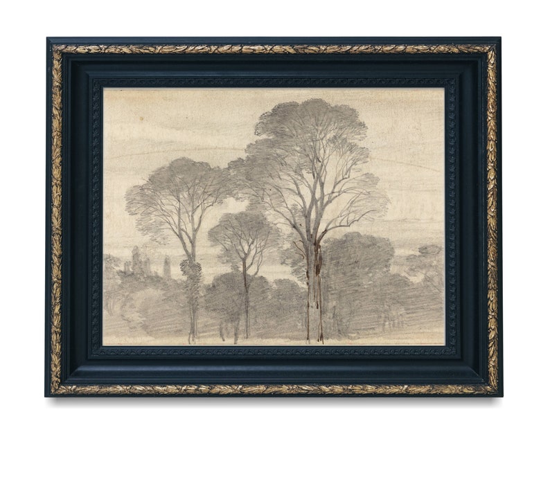 Tree Sketch Drawing Print, Vintage Trees Forest Landscape, Digital Landscape Sketch image 1