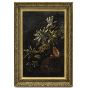 Vintage Passionsblumen Stillleben Kunstdruck: dunkellaunisch blumig (Digitaler Download)