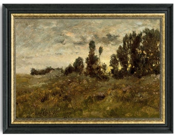 Moody trees landscape painting, Vintage printable landscape wall art, Antique landscape print, Digital country oil painting