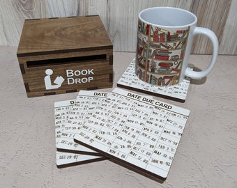 Date Due Card Coasters with Book Drop Storage Box