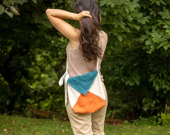 Natural Linen Tote // 2 Color Options, Crossbody Purse, Orange Turquoise Linen Bag, Tricolor Hobo Messenger Bag Adjustable Small Linen Purse