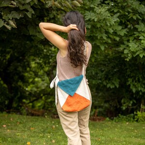 Natural Linen Tote // 2 Color Options, Crossbody Purse, Orange Turquoise Linen Bag, Tricolor Hobo Messenger Bag Adjustable Small Linen Purse