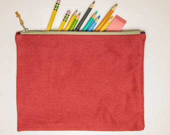 Red Lined Zipper Pouch, Cotton Travel Zip Pouch, Pencil Case, Teacher Gift, Zipper Makeup Pouch Zip Accessories Bag, Back to School