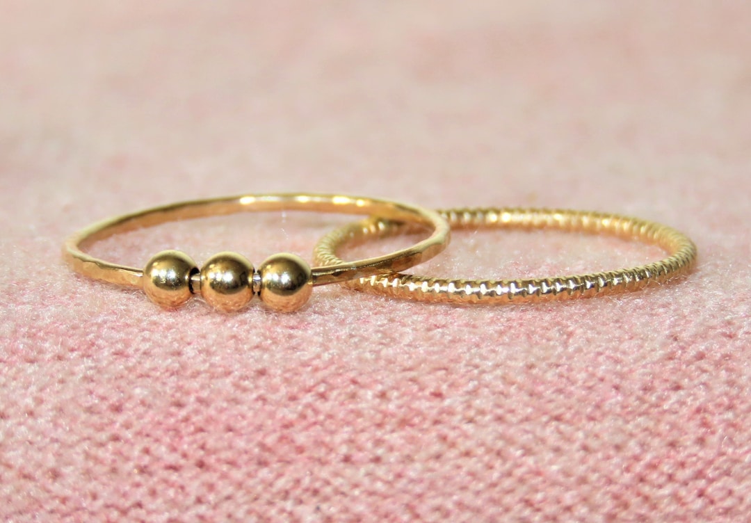 14K Gold Filled Anxiety Ring and Sparkle Band Duo, Beaded Ring ...