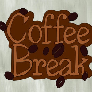 Puede incluir: Señal de descanso para tomar café marrón con las palabras "Coffee Break" en letras naranjas y granos de café marrones esparcidos alrededor de la señal.