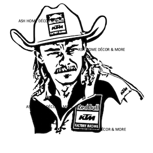 May include: Black and white illustration of a man wearing a cowboy hat and a Red Bull KTM Factory Racing shirt. The hat has the text "ASH HOME DÉCOR & MOR" and "KTM FACTORY RACING". The shirt has the Red Bull logo and the KTM logo.