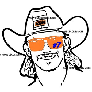 May include: A black and white line drawing of a person wearing a cowboy hat with the text "ASH HOME DÉCOR & MORE" and a logo that says "KIM" on the hat. The person is wearing orange tinted sunglasses with the number "#7" on the right lens. The text "ASH HOME DÉCOR & MORE" appears multiple times on the image.
