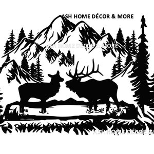May include: Black and white silhouette of a mountain range with two deer standing in front of a forest. The deer are facing each other and appear to be interacting. The image is a simple design with a rustic feel.