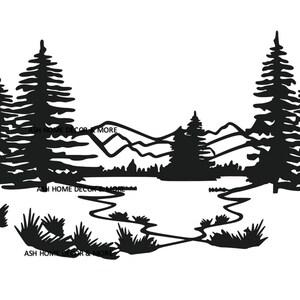 May include: Black and white silhouette of a mountain range with a river winding through it.  There are trees on either side of the river, and the mountains are in the background.