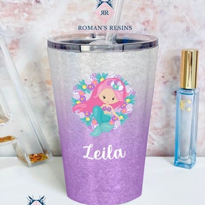 Floral Mermaid (Pink hair) 12 oz. Glitter Ombre Kid&#39;s Skinny Tumbler | Gift | Sticker | Personalized | Custom | Resin | Children&#39;s cup