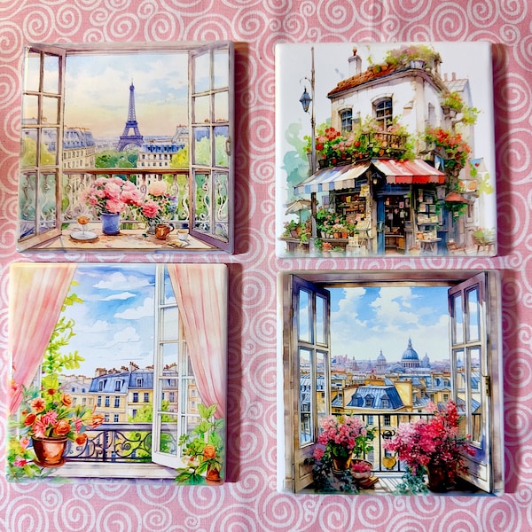 Set of 4 ceramic, French inspired drink coasters