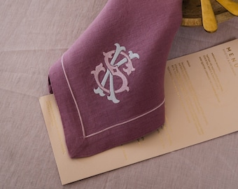 Mauve Linen Napkins, Linen Napkins Personalized with Monograms and single-line Embroidery.