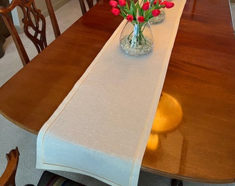 Linen Table Runner with gold embroidery, Table Runner Gold, Custom Long Table Runner for Wedding Table Decor and special occasions