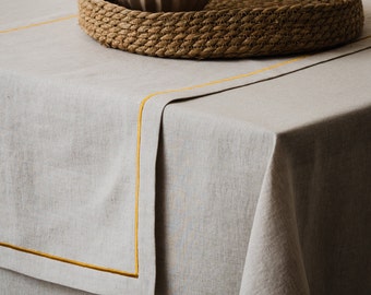 Linen Table Runner in natural color with single-line embroidery, Custom Size Table Runner, Extra Long Table Runner, Housewarming Gift.