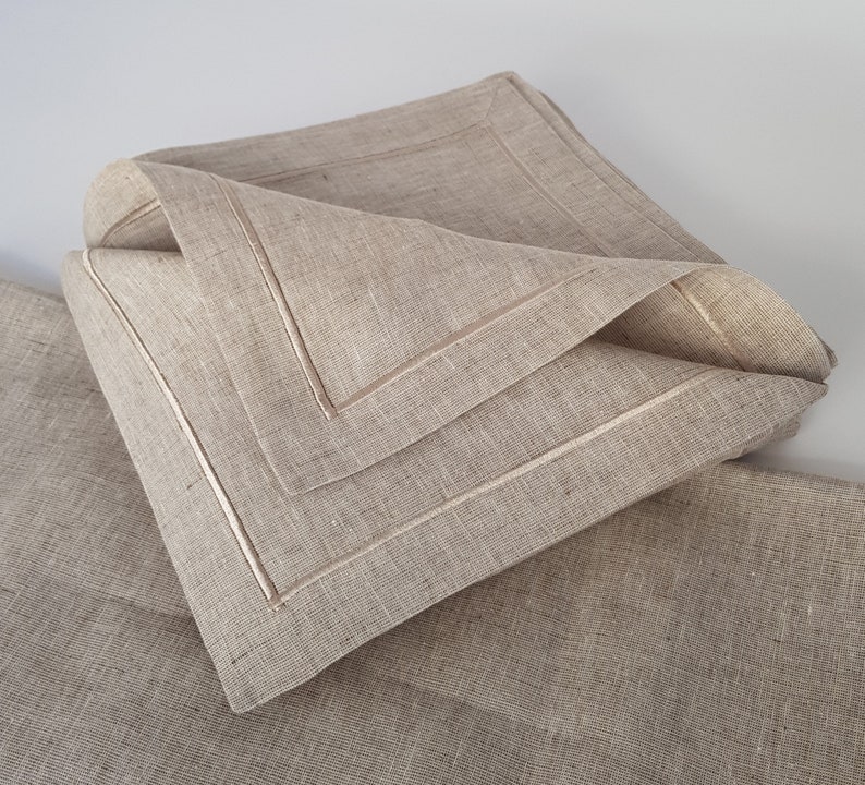 Beige-Gray Linen Napkins. Cloth Napkin with single-line embroidery. Custom Linen Napkins, Dinner Napkins in Belgian Linen. image 2