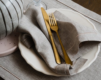 Beige-Gray Linen Napkins. Cloth Napkin with single-line embroidery. Custom Linen Napkins, Dinner Napkins in Belgian Linen.