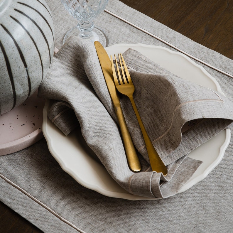 Beige-Gray Linen Napkins. Cloth Napkin with single-line embroidery. Custom Linen Napkins, Dinner Napkins in Belgian Linen. image 1