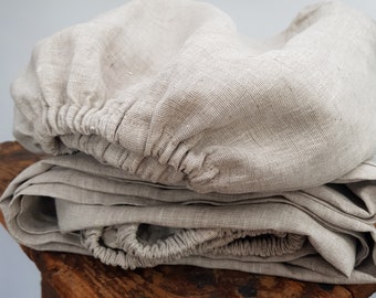 Linen fitted sheet in Beige available in Twin, Queen, King, and Custom sizes.