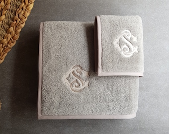 Personalized Organic Cotton Bath Towel Set, Monogrammed Towels, Custom Bath Towels in Greige, Towels from Italian Terry Textile