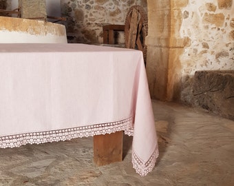 Pink Table Cloth, Laced Linen Tablecloth, Wide, Large Rectangle or Square Tablecloth, Custom Size Luxury Lace Tablecloth for Wedding Gift.