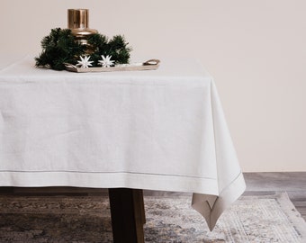 Christmas Linen Tablecloth with silver flashes and silver embroidery. Custom extra long, wide tablecloth for Weddings and Special Occasions.