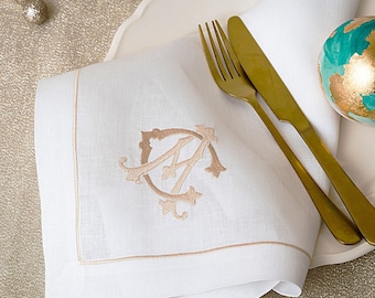 Monogrammed Linen Wedding Napkins: Italian Sateen Textile, Custom Embroidery