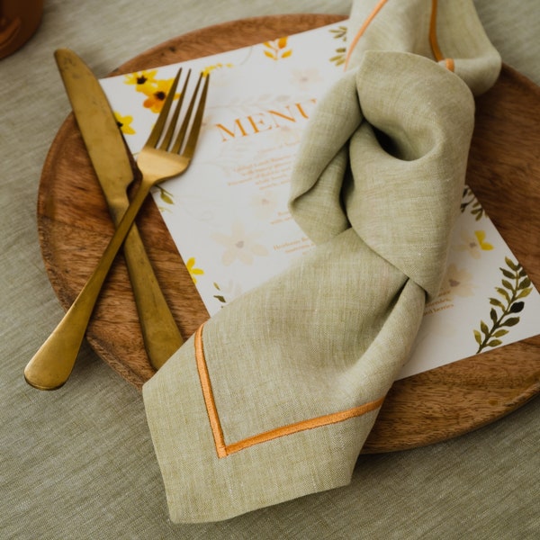 Serviette en lin jaune, serviette en tissu avec broderie sur une ligne pêche, serviettes en lin personnalisées.